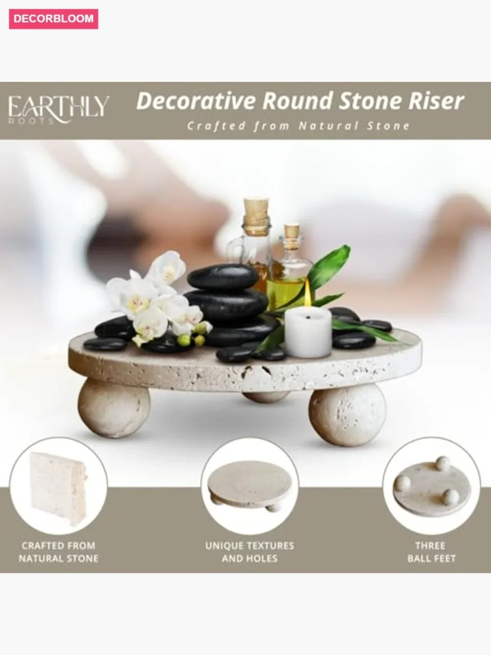 Natural Travertine Footed Tray 7.9'' Round Stone Display Pedestal